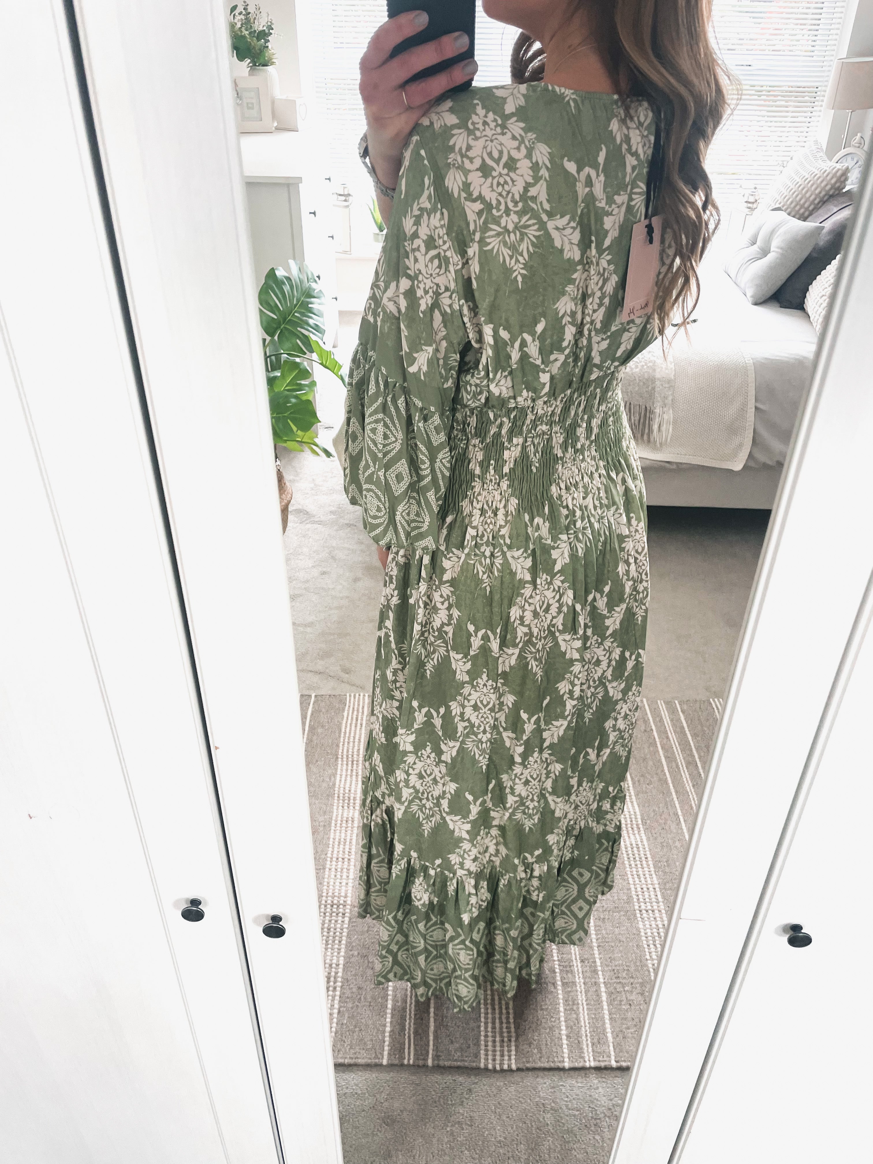 Sage Green Shirred Waist Floral Maxi Dress