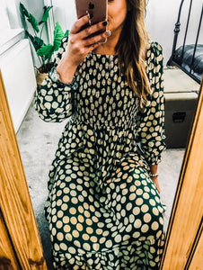 Green and Cream Polka Dot Shirred Midi Dress