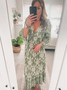 Sage Green Shirred Waist Floral Maxi Dress