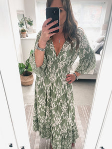 Sage Green Shirred Waist Floral Maxi Dress