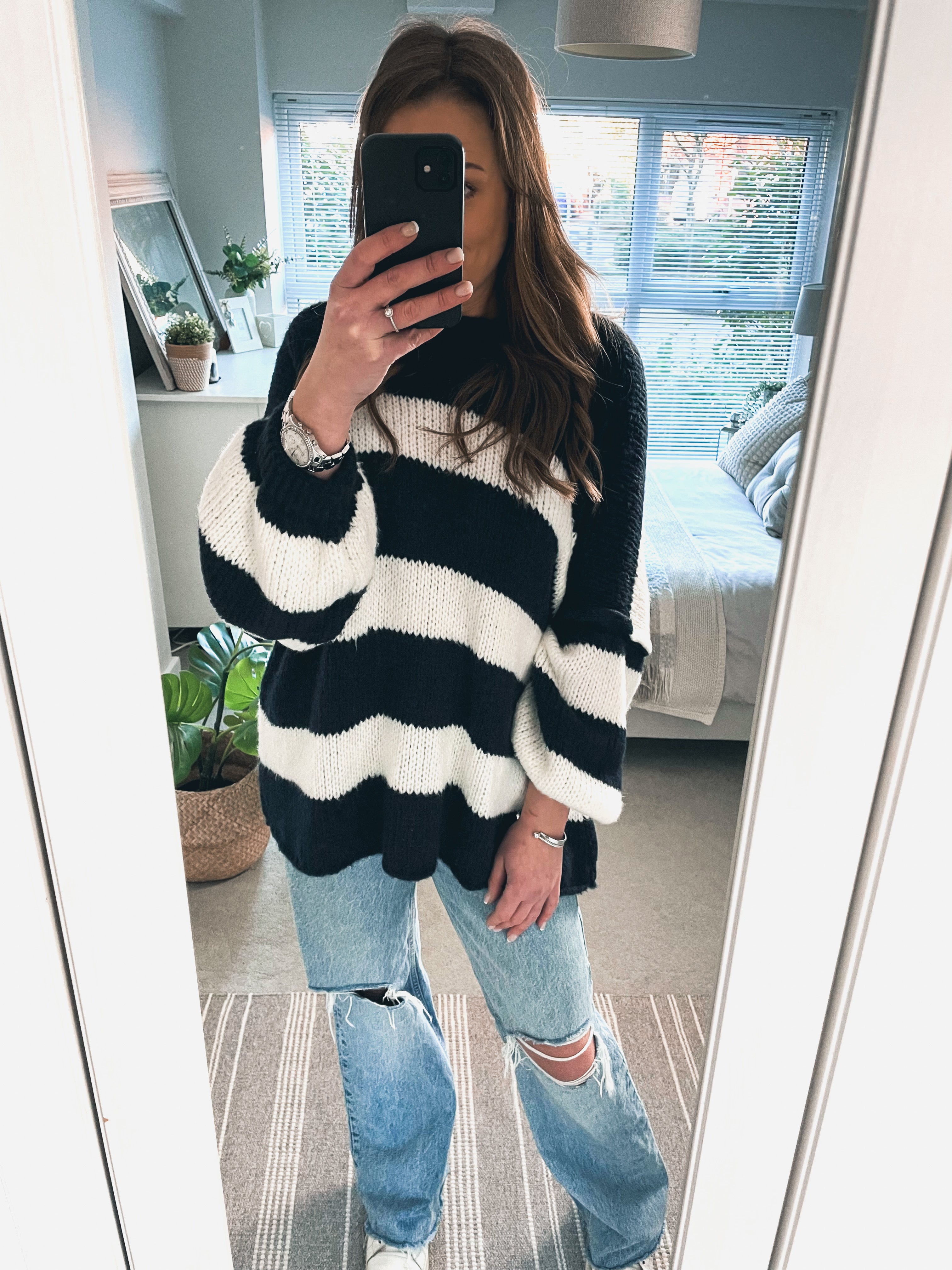 Oversized Stripe Knitted Jumper - NAVY