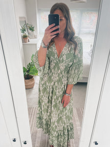 Sage Green Shirred Waist Floral Maxi Dress