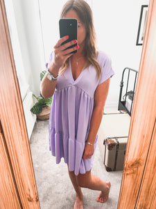 V Neck Short Sleeved Smock Dress - Lilac