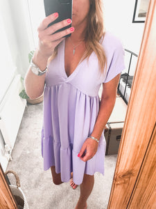 V Neck Short Sleeved Smock Dress - Lilac