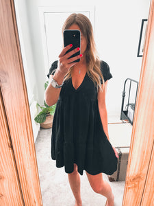 V Neck Short Sleeve Smock Dress - Black