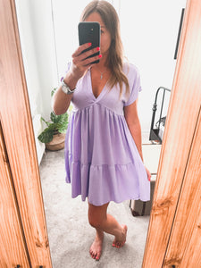 V Neck Short Sleeved Smock Dress - Lilac